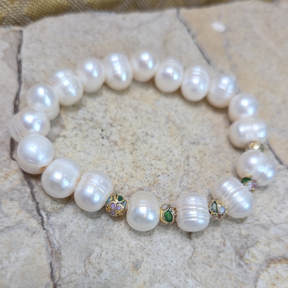 Large Freshwayer Pearl And Cloisonnet Bracelet